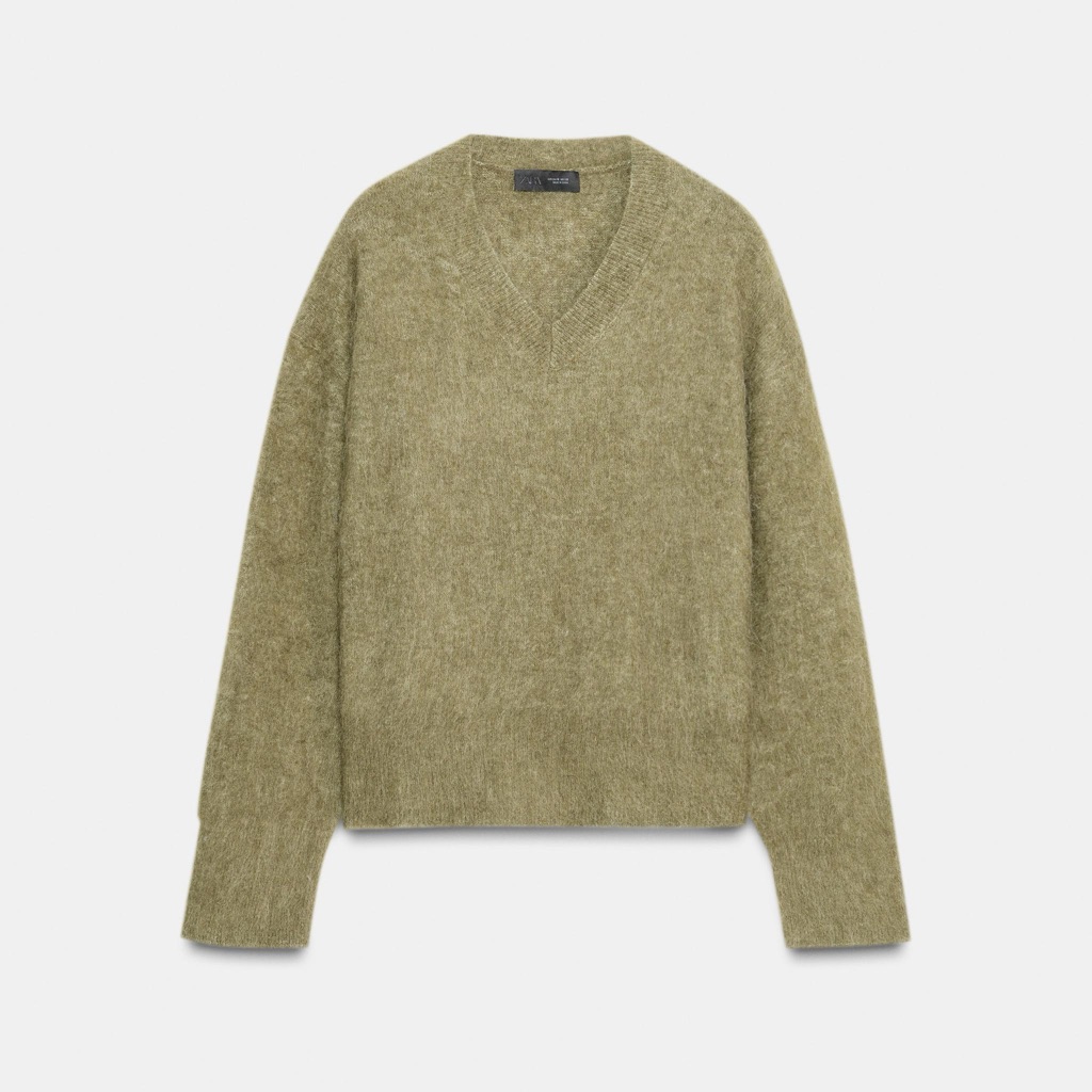 New Zara Brushed Effect Knit Sweater In Khaki - Small